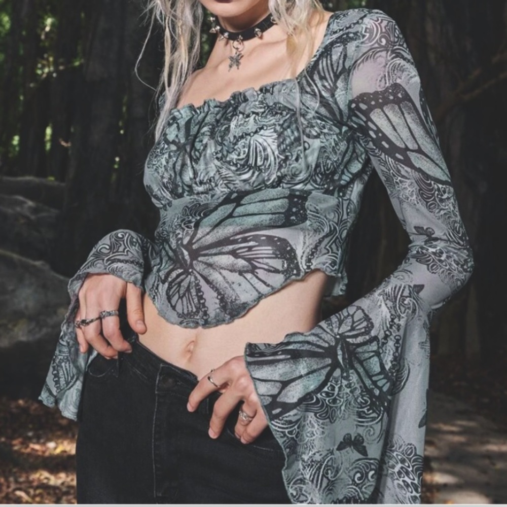 ROMWE Goth Butterfly Print Ruched Bust Mesh Top